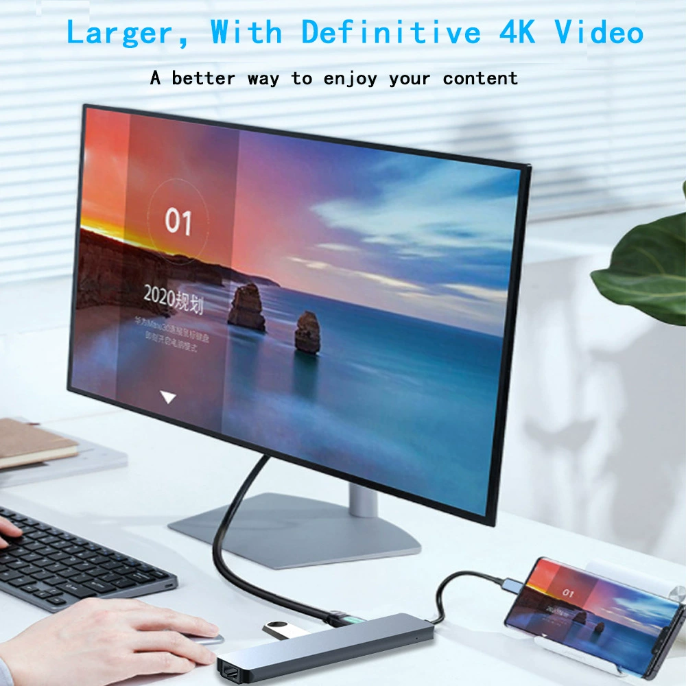 Shibin One удлинённая док-станция Type-C на HDMI 4K30Hz, HD USB3.0 HUB, конвертер чтения SD/TF карт, PD