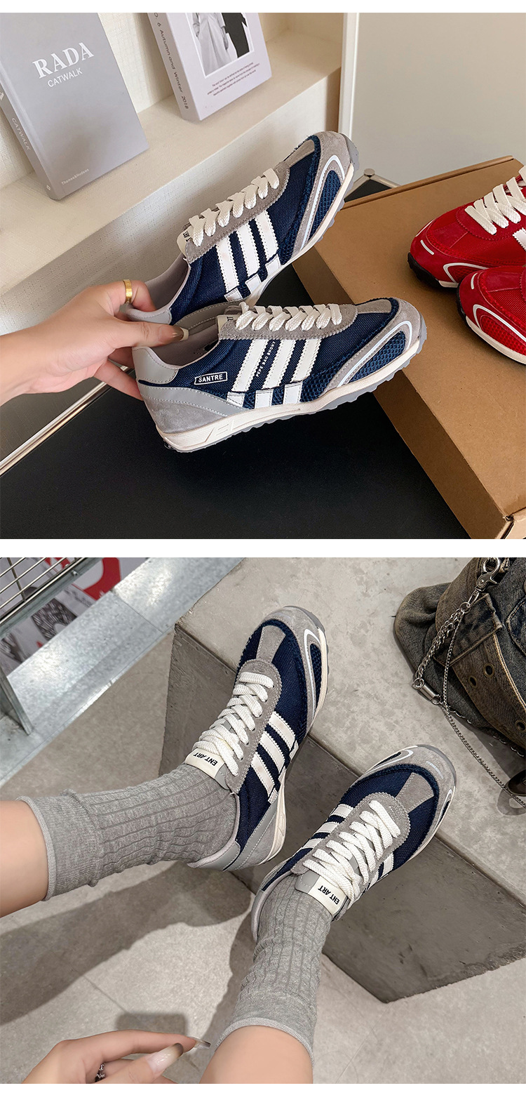Giày sneaker nữ đế dày phong cách retro cổ điển, tăng chiều cao nhẹ, thoáng khí — xanh lam, màu đỏ chi tiết 12