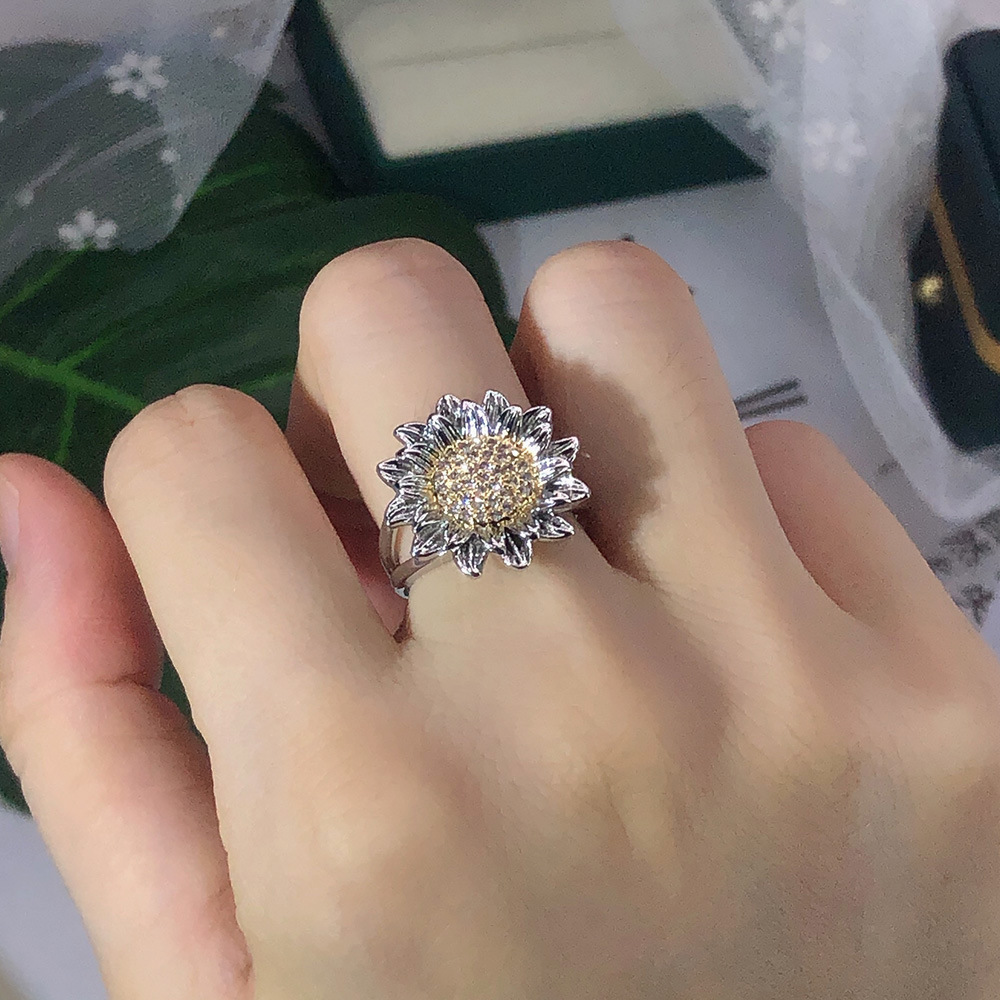 Fashion Sunflower Copper Plating Flowers Inlay Zircon Rings 1 Piece