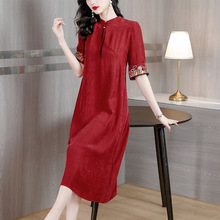 红色香云纱连衣裙大码女装2023夏季新款气质优雅显瘦喜婆婆中长裙