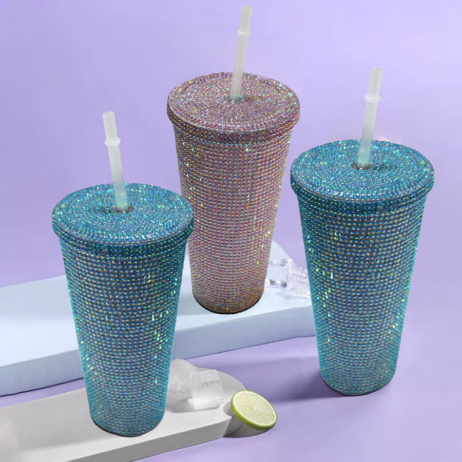 Vaso de agua adelgazante con incrustaciones de diamantes de imitación, vaso de doble capa para bebidas frías, vaso con pajita de diamantes de imitación de alto valor, vaso de agua creativo de gran capacidad con diamantes de imitación.