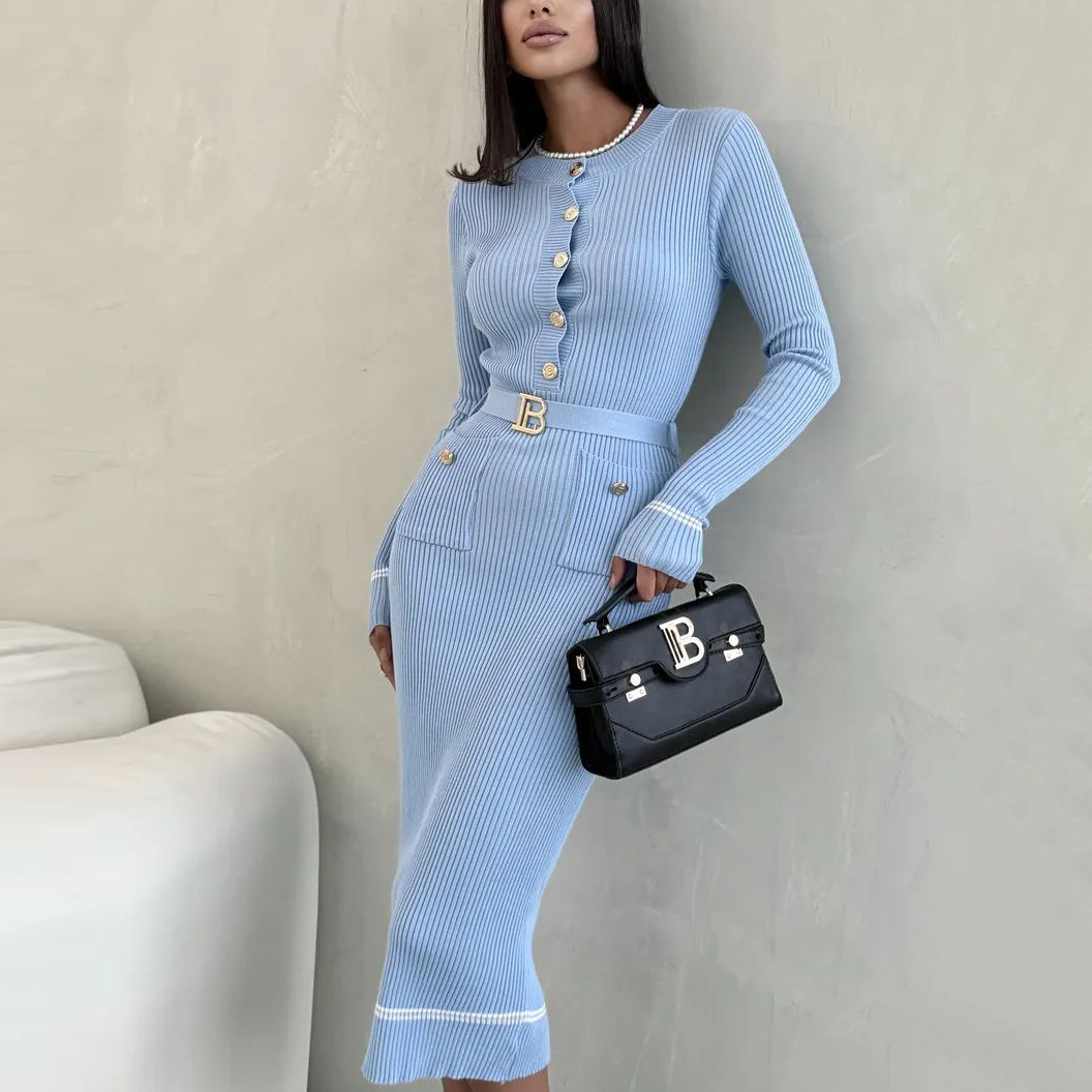 Платье трикотажное 圆领连衣裙收腰系带长裙子