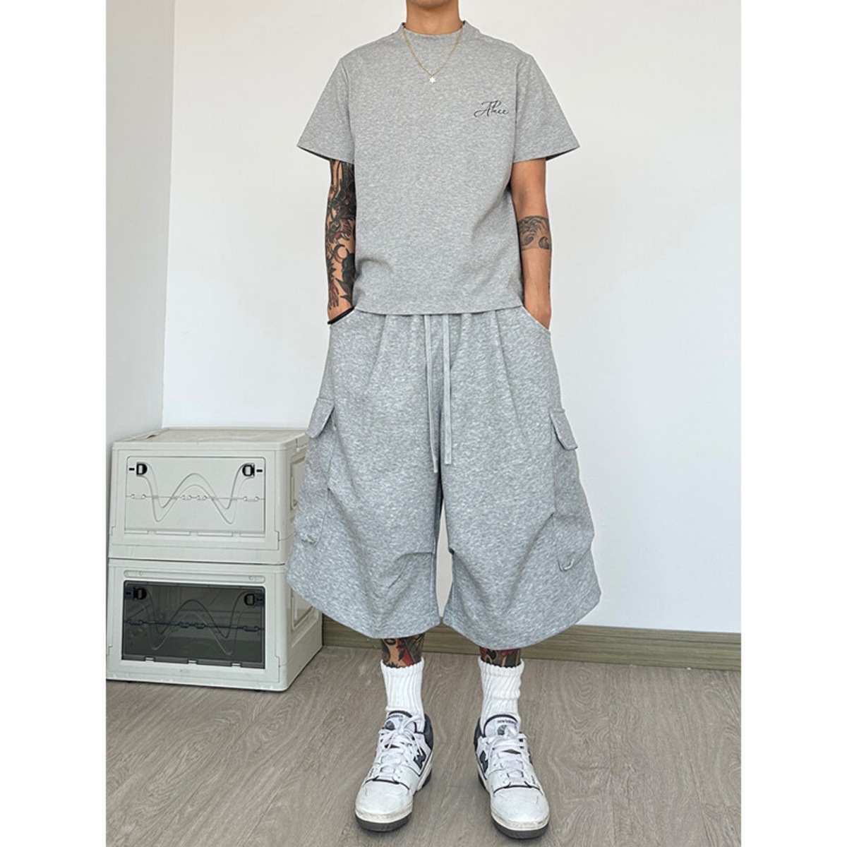 American High Street 7/8 Cropped Pants Men's Summer Shorts Plus Size Trendy Loose Sports Wide-Leg Cargo Mid-Length Pants