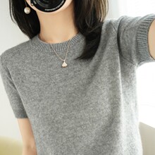 套头毛衣女非羊绒圆领短袖宽松t恤内搭针织衫打底春秋季短款上衣