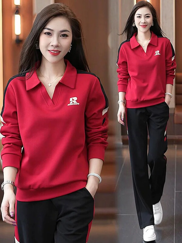时尚妈妈装2025秋装新款翻领卫衣套装女显瘦遮肉休闲运动服两件套|undefined