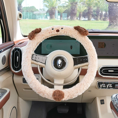 Cartoon car steering wheel cover Steering wheel cover - rabbit-fur-scratched-puppy-steering-wheel-cover-khaki-38cm