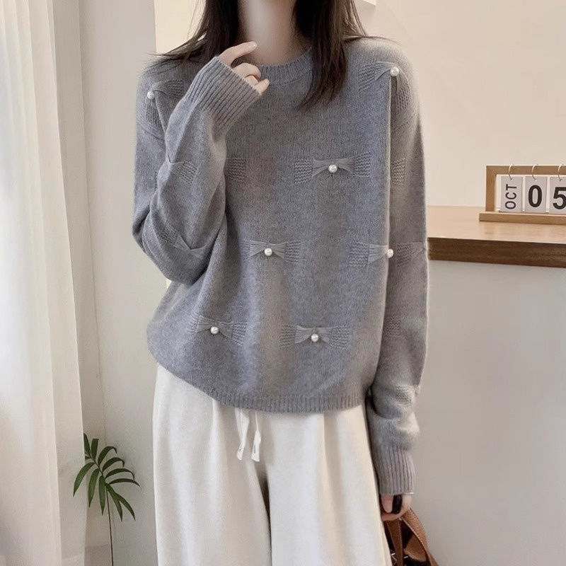 欧货圆领长袖套头毛衣女秋冬季蝴蝶结高级设计感气质百搭针织衫女|undefined