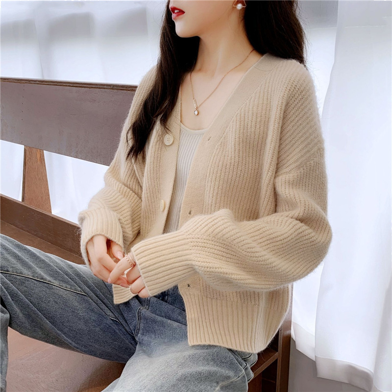 French V-Neck Candy Color Long Sleeve Cardigan Women's Loose Knit Sweater Coat Casual Elegant Outerwear_ecoleips.com