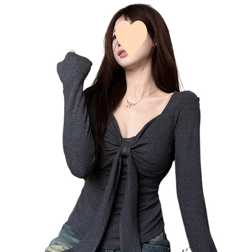 Sweet and Spicy Girl Style Niche Butterfly Bow Collar Red Women's Spring Fitted Slimming Short Sleeve Long Sleeve Base Top