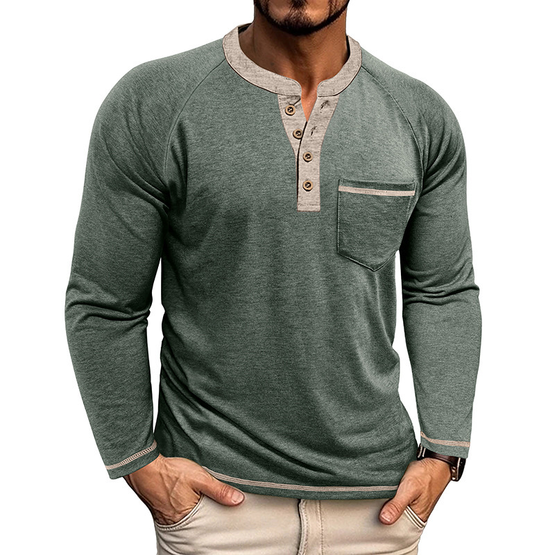 2025 Cross-Border Men's Autumn and Winter Large Size Export Men's Long-Sleeved T-Shirt European and American Men's Henley Shirt Four-Button Top
