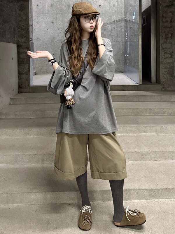 早秋季灰色中长款宽松长袖T恤女2025新款韩系慵懒松弛感穿搭上衣|undefined