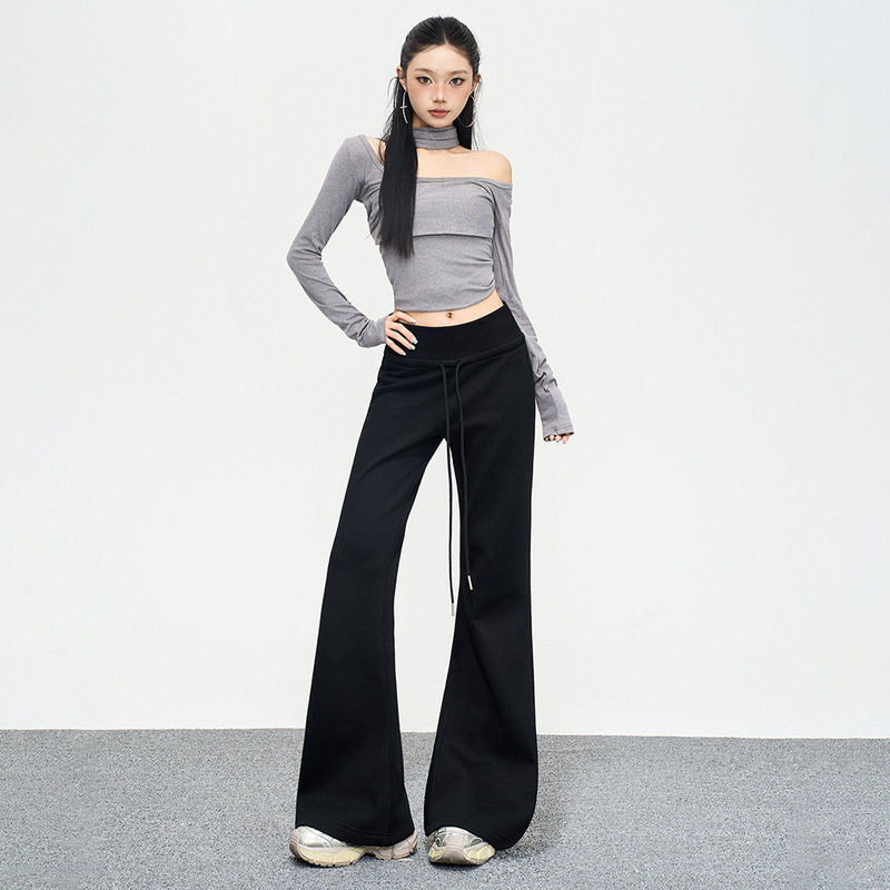 American Casual Slimming Comfortable Sports Autumn and Winter Long Pants Drape Floor-Length Versatile Loose Flared Drawstring Low-Waist Woolen