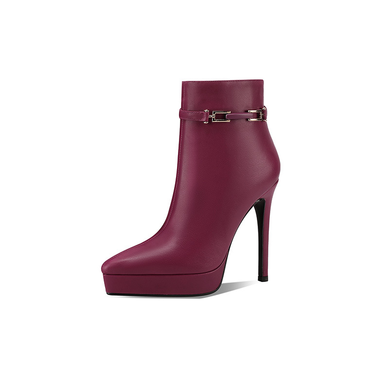 Boot nữ da bò mũi nhọn gót siêu cao 12 cm đế chống nước phong cách sàn catwalk — Màu mơ 12 cm (lông cừu)