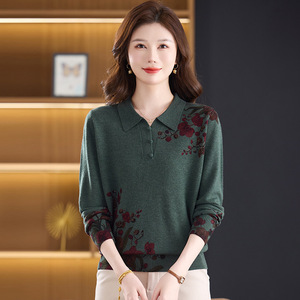 秋冬中年羊毛衫高品質(zhì)羊毛針織衫時尚數(shù)碼印花翻領(lǐng)長袖優(yōu)雅毛衣圖片