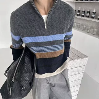 立领针织衫男2025冬季新款商务休闲半拉链保暖毛衣灰色套头拉链