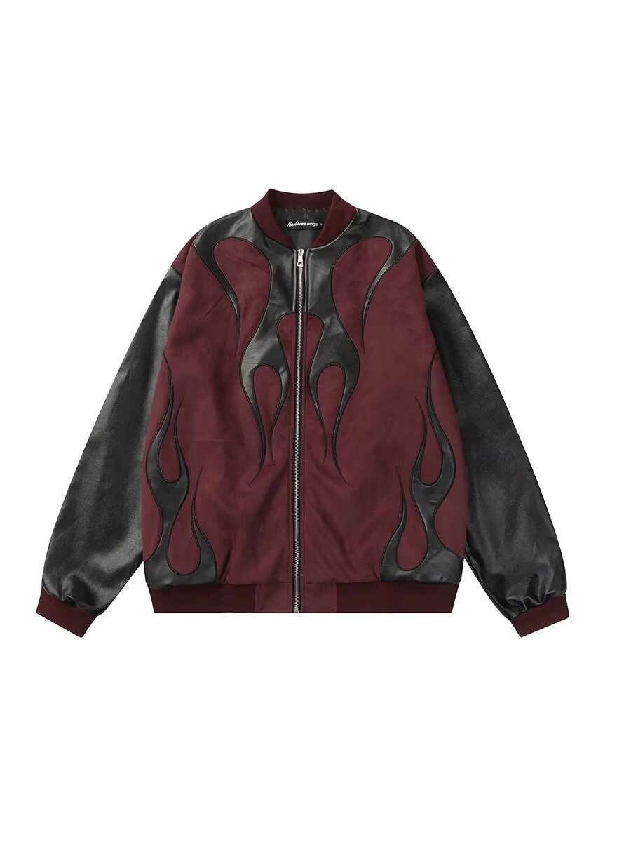 Men's Clothing high street stitching PU leather contrast color pilot jacket retro men and women couple loose casual baseball jacket_voghion.com