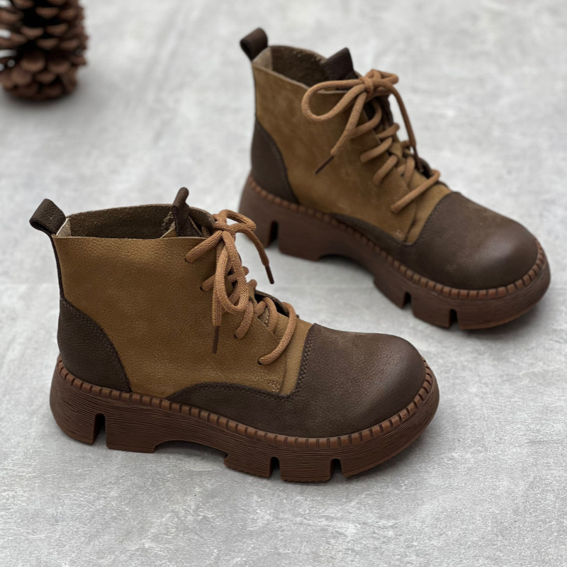 复古手工真皮厚底马丁靴厂家直销秋冬新款圆头松糕底系带牛皮短靴