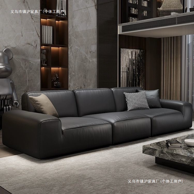Large black sofa, new model, modern and minimalist design, suitable for Italian-style living rooms, small apartments, and rental properties; ideal for relaxation and office use