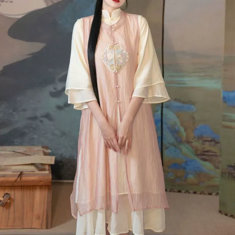 Весенне-летний новый стиль, литературный ретро, ​​новый китайский стиль, простая накидка с вышивкой, простой жилет, универсальное платье, комплект из двух предметов