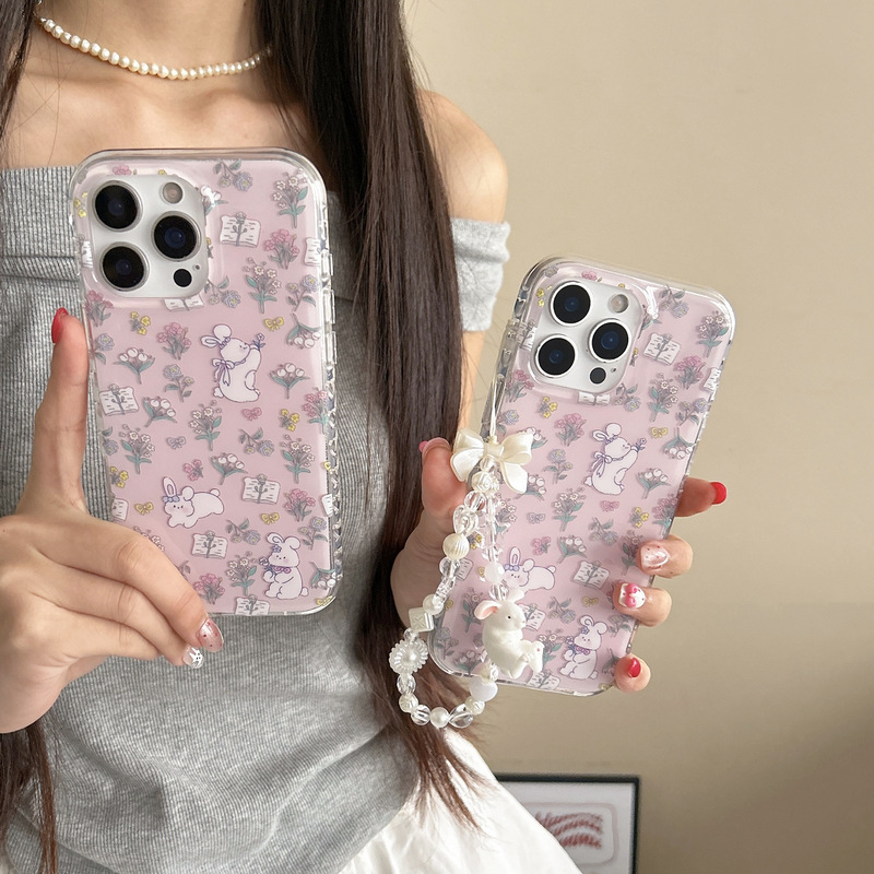 韩风粉色碎花兔子适用苹果16手机壳iPhone15pro max新款13/14圆边|undefined