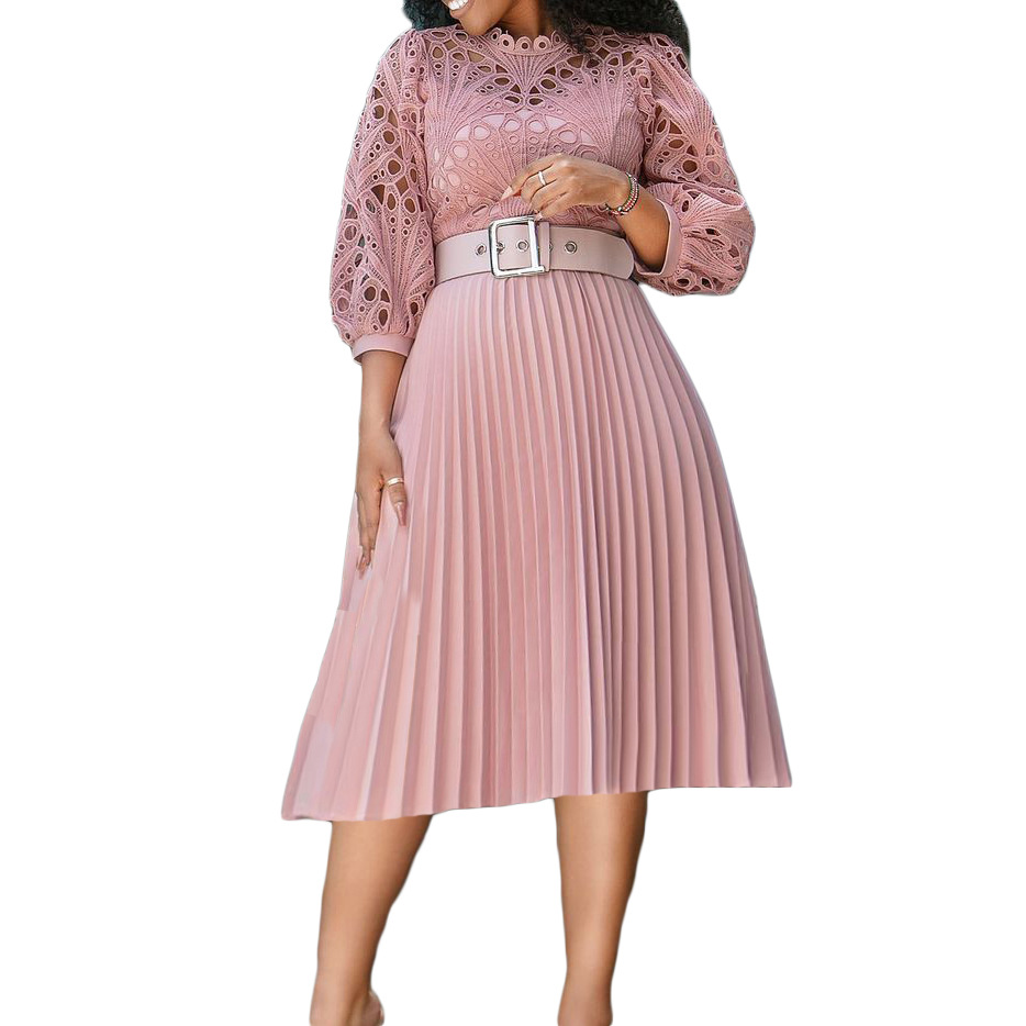 High Waist Waist Line Daily Occasion Round Neck Neckline Wholesale Women'S Elegant Patchwork Lace Solid Color Daily Round Neck 3/4 Length Sleeve Pleated Skirt