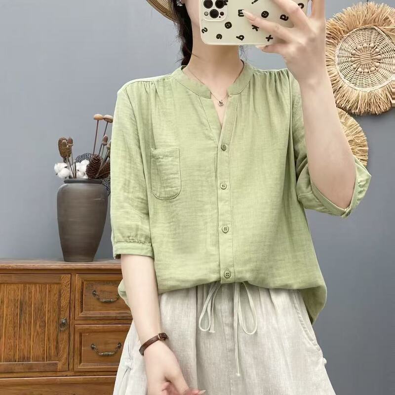 6320-2 New Color V Neck Mid-Sleeve Double-Layer Yarn Shirt Summer New Three-Quarter Sleeve Women's Shirt Casual Top