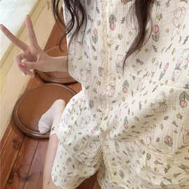 韩国ins甜美可爱泡泡棉睡衣女夏季网红短袖裤家居服套装一件代发