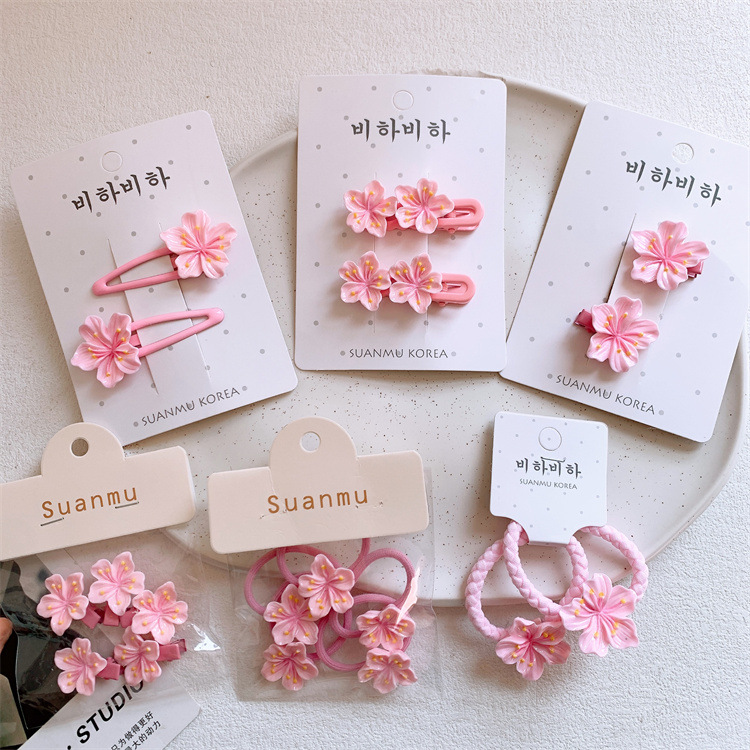 春季新款兒童粉色桃花髮夾小女孩扎頭髮皮筋發圈花朵邊夾頭繩髮飾