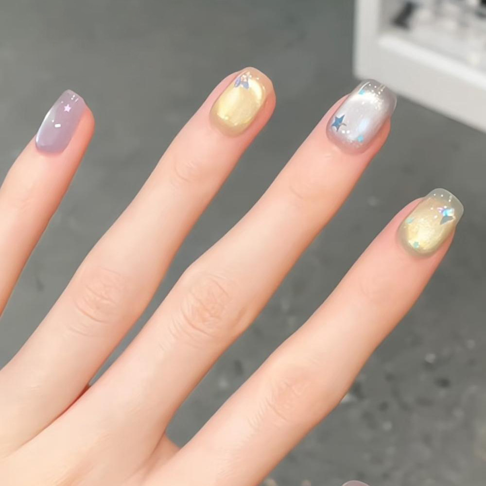 Parche de uñas de ojo de gato tridimensional en 3D, estrella plateada, armadura corta, 30 piezas, armadura de uñas, armadura prefabricada