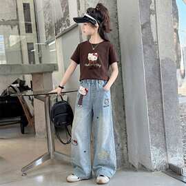 女童套装夏季洋气时髦超好看短袖T恤牛仔裤女孩中大童夏装两件套