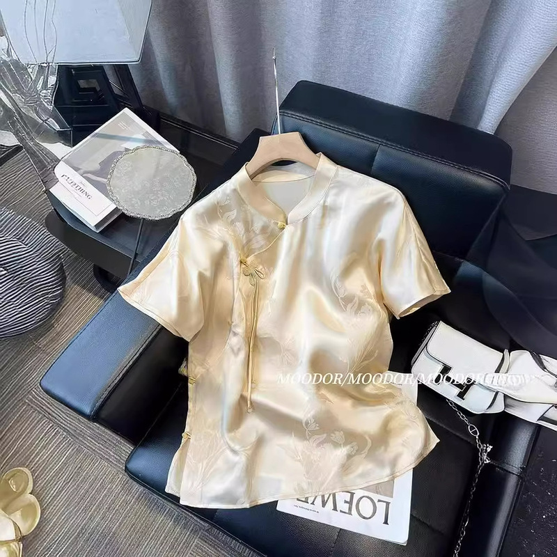 New Chinese Jacquard Side Placed Acetic Acid Satin Shirt National Style Women's 2024 New Improved Cheongsam Simple Top