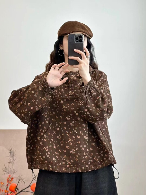 古咖服饰秋季新款复古棉麻印花连帽外套女文艺碎长袖宽松套头上衣|undefined