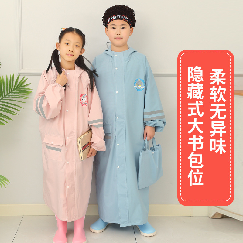 Wholesale college style children's raincoat with schoolbag for men and women children's big hat brim student poncho soft and strong
