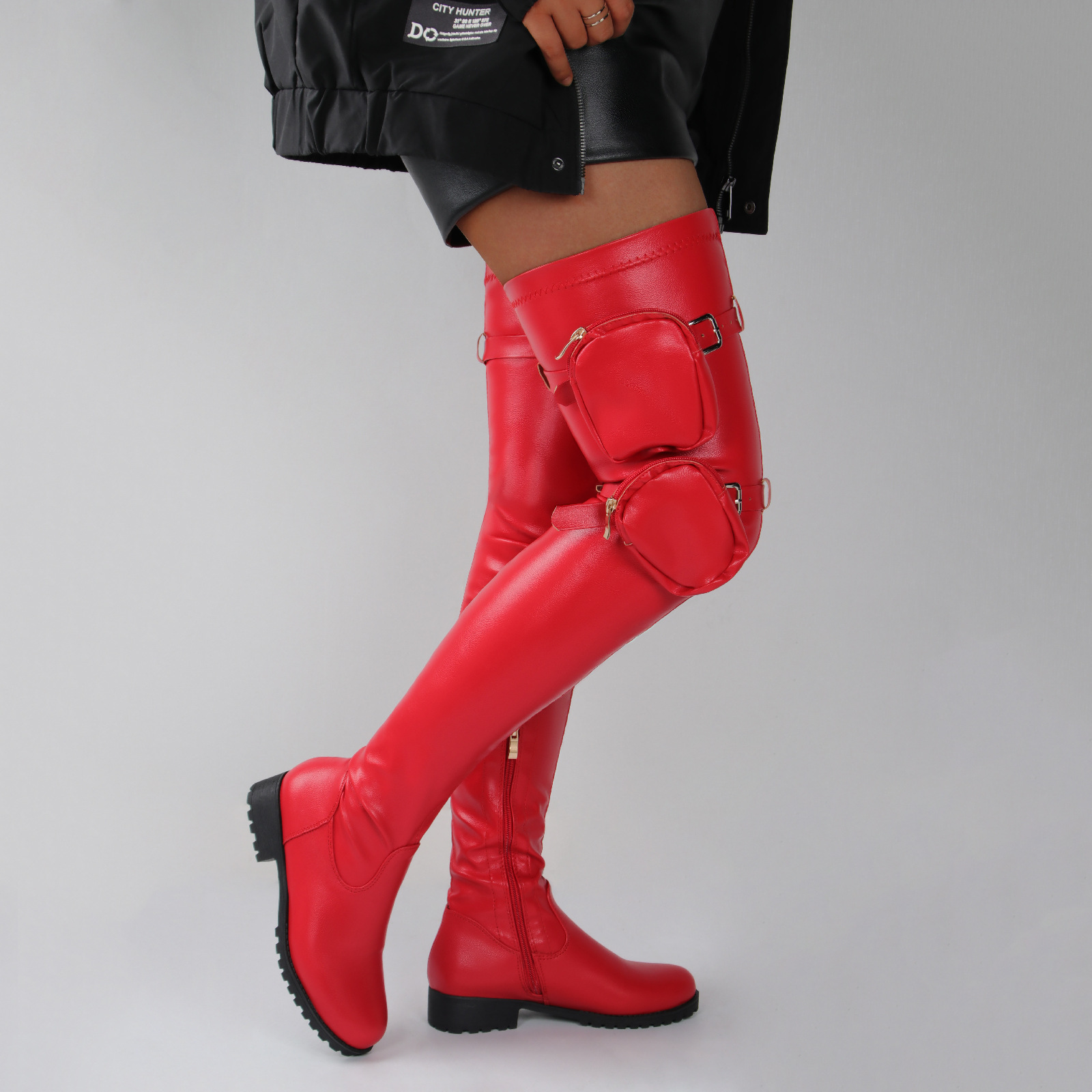 Damen Overknee Stiefel Mit Niedrigem Blockabsatz Und Mini Tasche_voghion.com