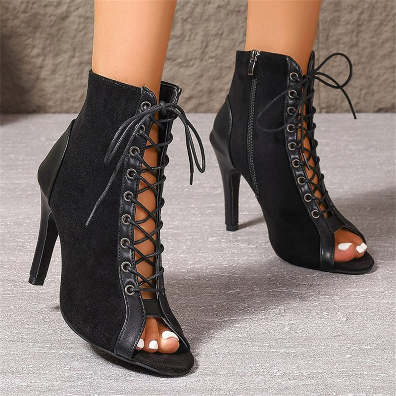 Comercio exterior europeo y americano botas frías de lazos mujeres otoño hueco tacones altos temperamento de baile botas frías tacones altos