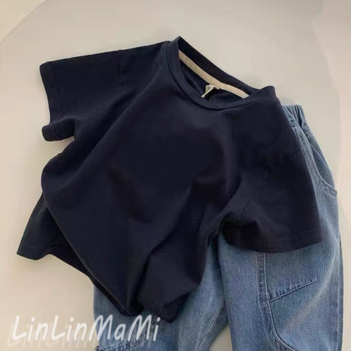 100% Cotton Korean Style Summer Top for Boys, Short-Sleeve Children's Cool and Stylish Casual Navy Blue T-Shirt for Babies, Navy Blue T-Shirt