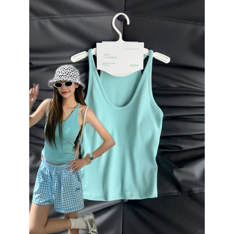 Fresh and Unique Lake Blue Sleeveless Top for Women in Autumn with Chest Pads and Halter Neck U-Neck Camisole
