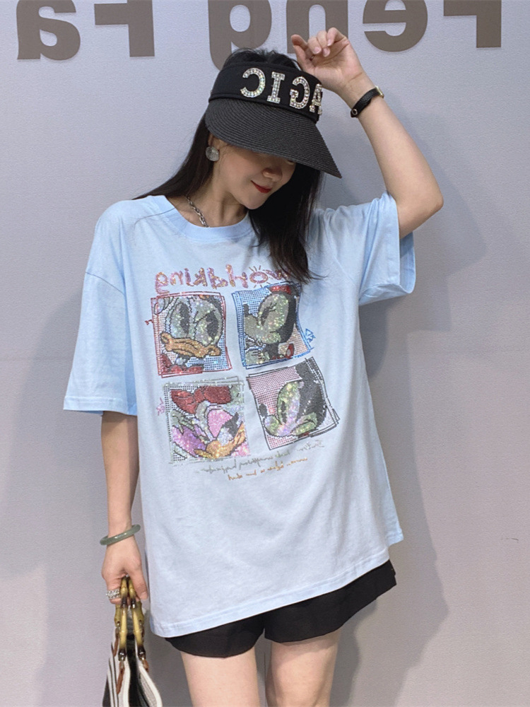 Camiseta de algodón de mujer europea y americana de mangas cortas de verano industria pesada caliente de diamantes para hombres y mujeres camiseta negra media camiseta gran estilo de viento lento