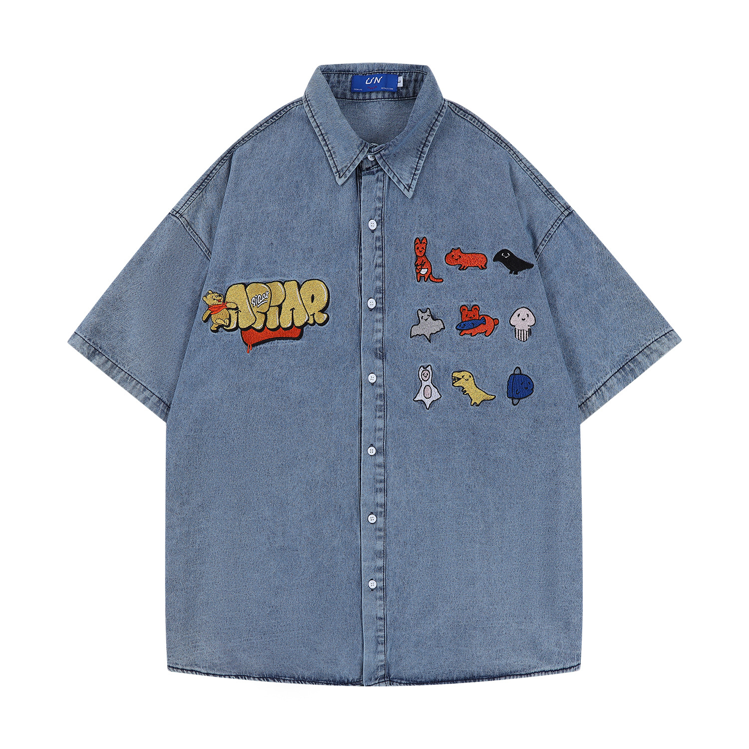 Camisa de manga corta de mezclilla de hombres y mujeres de verano estilo neutro diseño suelto bordado vintage marca de moda casual top