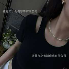 高品质天然淡水珍珠3-4mm强光正圆几乎无瑕进口钢圈质感扣子项链