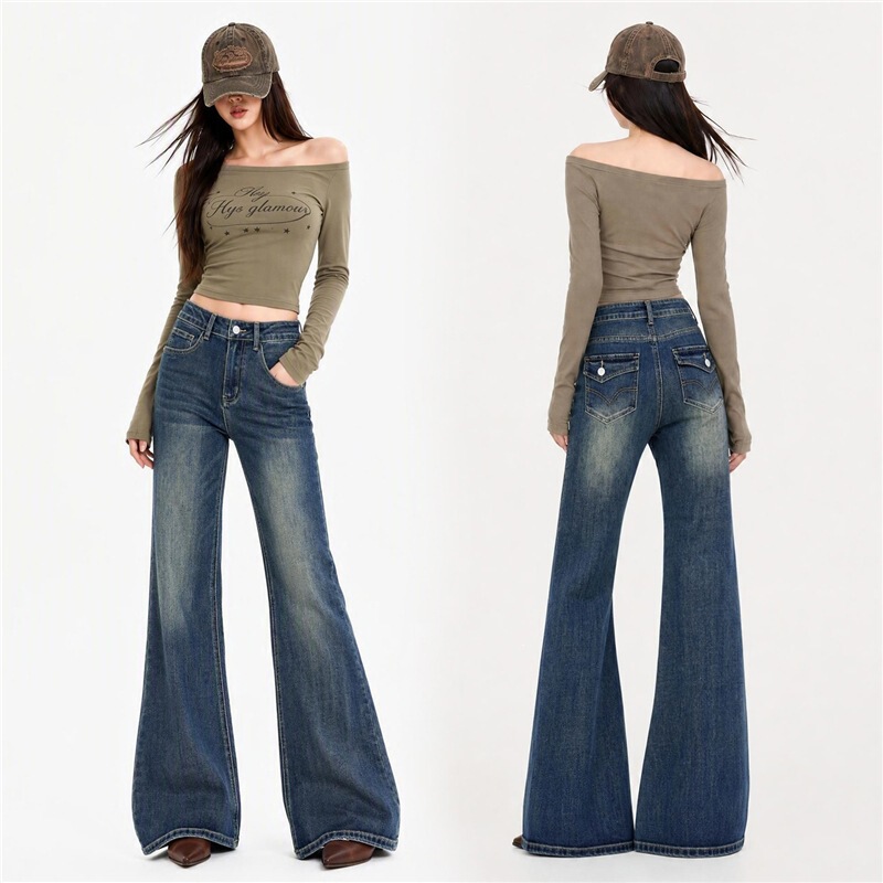 Women's stretchy flared jeans, American style, distressed, with a flowing drape, featuring embroidered details and a pocket flap, new autumn/winter collection Women's stretchy flared jeans, American style, distressed, with a flowing drape, featuring embroidered details and a pocket flap, new autumn/winter collection