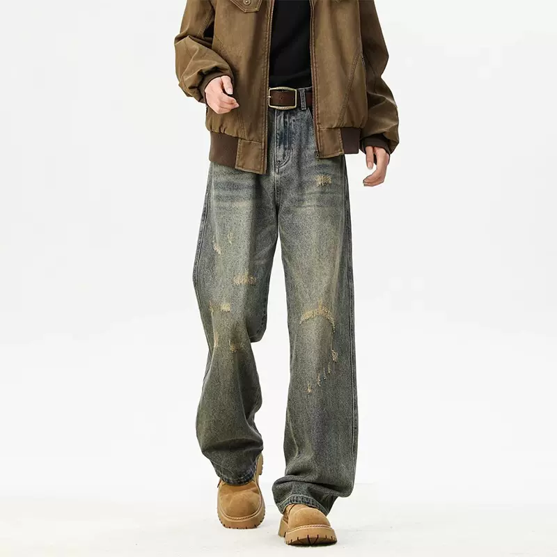 美式复古水洗破洞牛仔裤男士潮牌高街猫须宽松直筒休闲阔腿长裤子