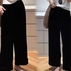 新款金丝绒黑色边松紧时尚百搭复古花边阔腿裤高腰显瘦不倒绒