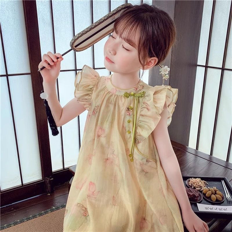 Girls Vest Dress Summer Dress 2025 New Kidsren's Small Flying Sleeve Chinese Style Dress Fashionable Girl Super Fairy Han Dynasty Dress