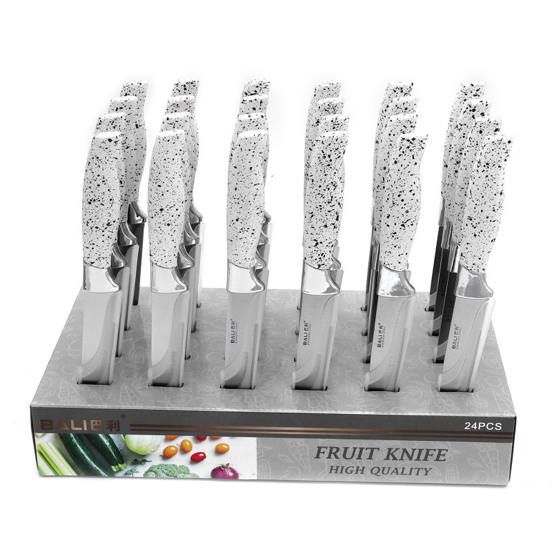 Spot al por mayor caja de exhibición de acero inoxidable herramienta galvanoplastia mango de punto de pulverización juego de cuchillos de frutas afiladas juego completo para el hogar