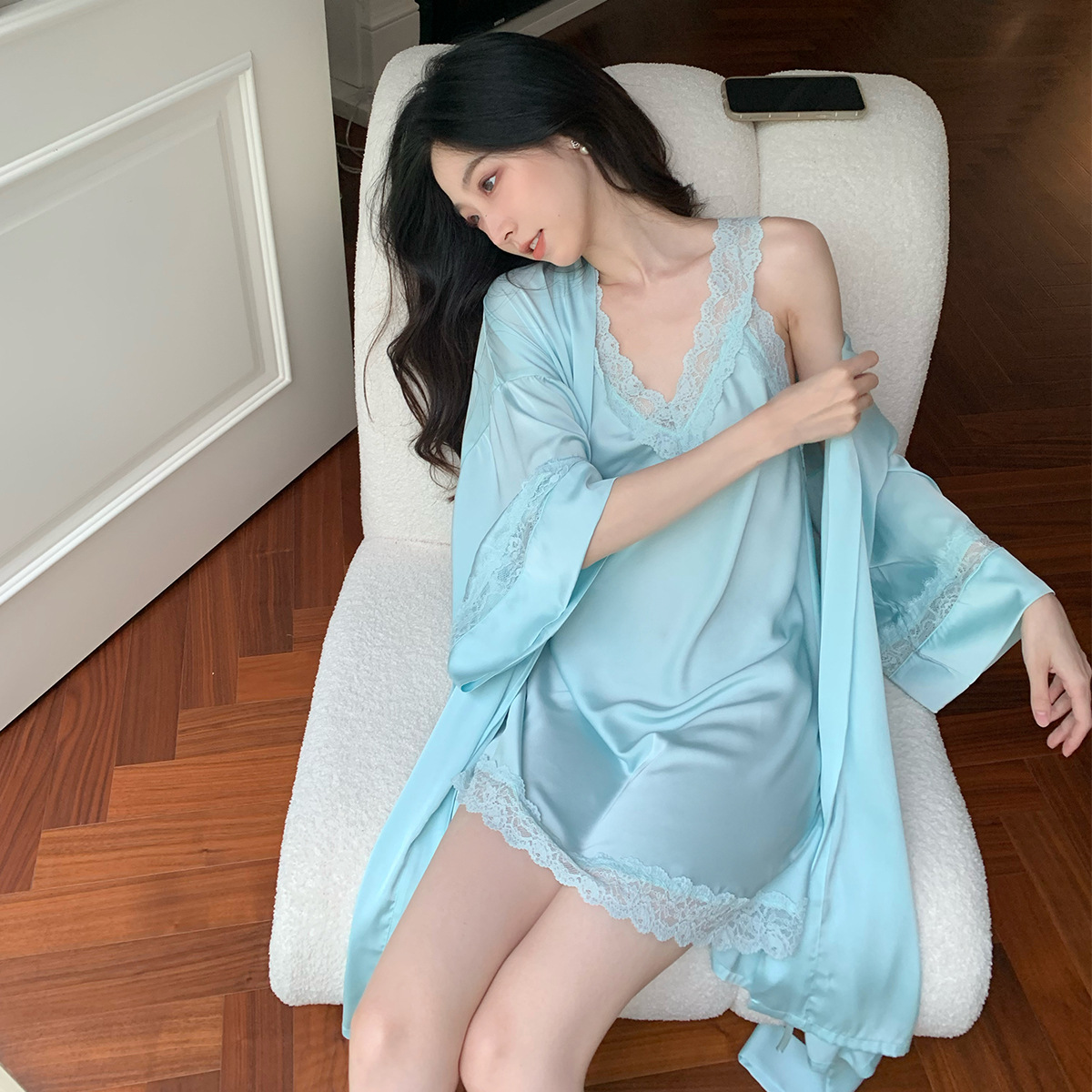 2026 New Style Back-Tie Bow Women's Nightgown Camisole Pajama Two-Piece Set Loungewear for Spring, Autumn and Summer