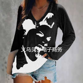 新款上新数码印花个性人头字母图片女士长袖领球队T恤女式T恤