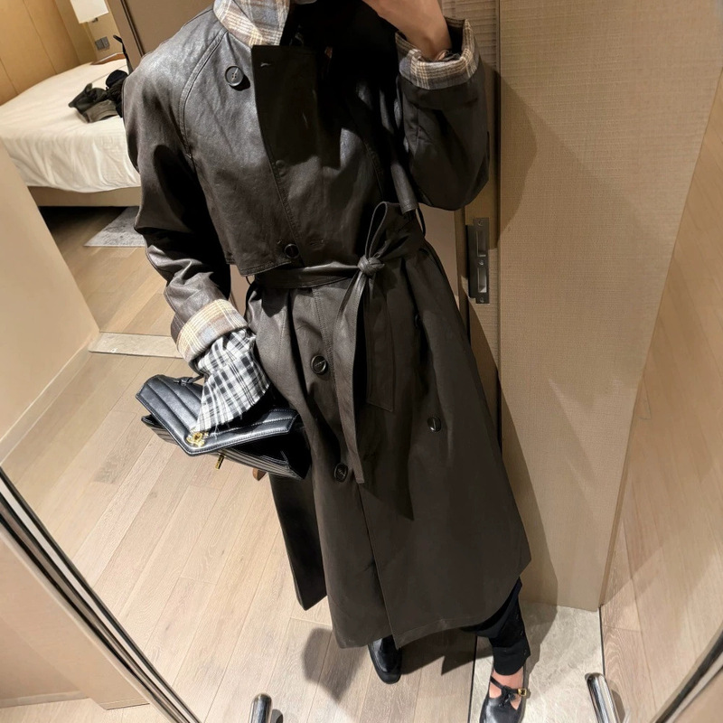 European and American blogger style, high-end PU leather double-breasted long trench coat for women, autumn retro chic over-the-knee leather jacket European and American blogger style, high-end PU leather double-breasted long trench coat for women, autumn retro chic over-the-knee leather jacket
