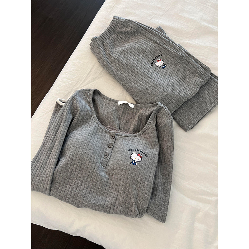 韩版撞色带胸垫坑条长袖睡衣女秋季新款HelloKitty休闲家居服套装|undefined