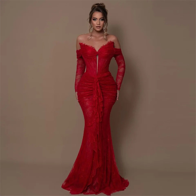 AliExpress Fashion Red Mesh Long Sleeve Sexy Strapless Pleated Lace Slim-Fit dress Evening Gown